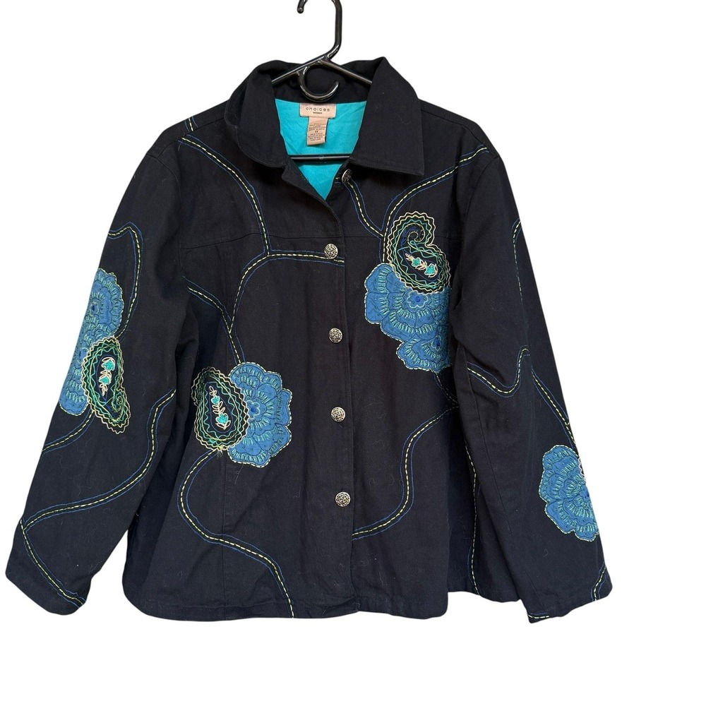 Choices Jacket Womens 1X Black Paisley Embroidered Lined Cotton Twill Boho Plus